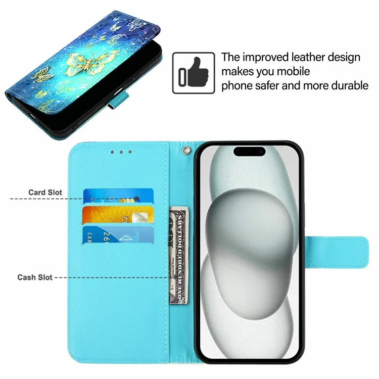 For iPhone 16 Plus Leather Case Pattern Printing Wallet Stand Mobile Cover with Strap - Golden Butterflies