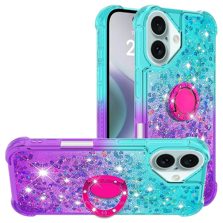 For iPhone 16 Plus TPU Case with Kickstand Gradiant Quicksand Shockproof Cover - Sky Blue+Purple