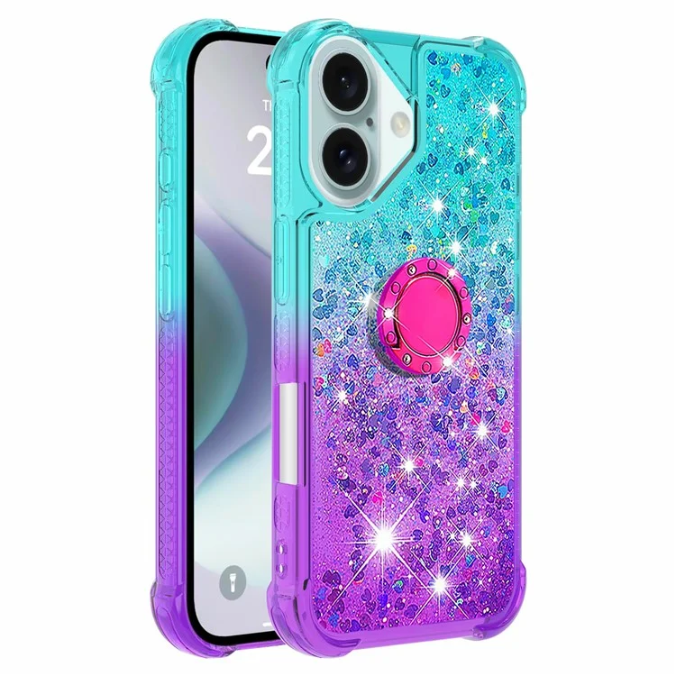 For iPhone 16 Plus TPU Case with Kickstand Gradiant Quicksand Shockproof Cover - Sky Blue+Purple