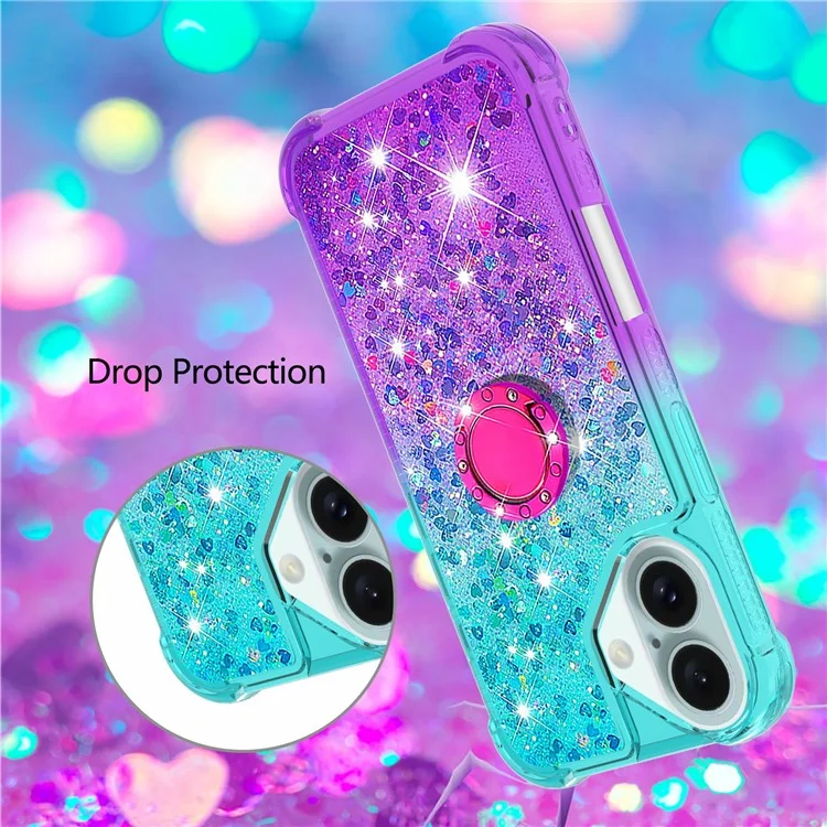 For iPhone 16 Plus TPU Case with Kickstand Gradiant Quicksand Shockproof Cover - Sky Blue+Purple