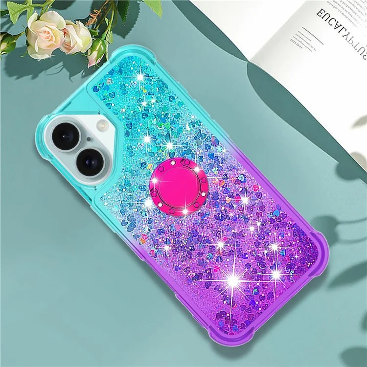 For iPhone 16 Plus TPU Case with Kickstand Gradiant Quicksand Shockproof Cover - Sky Blue+Purple