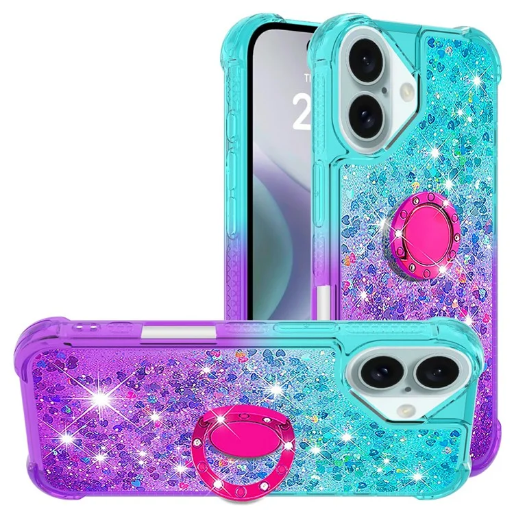 For iPhone 16 TPU Case with Kickstand Gradiant Quicksand Shockproof Cover - Sky Blue+Purple