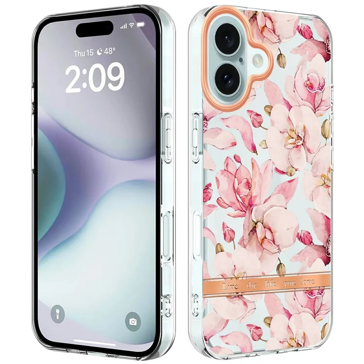 For iPhone 16 Plus Case IMD IML Flower Pattern Electroplated TPU Back Cover - HC005 Pink Gardenia
