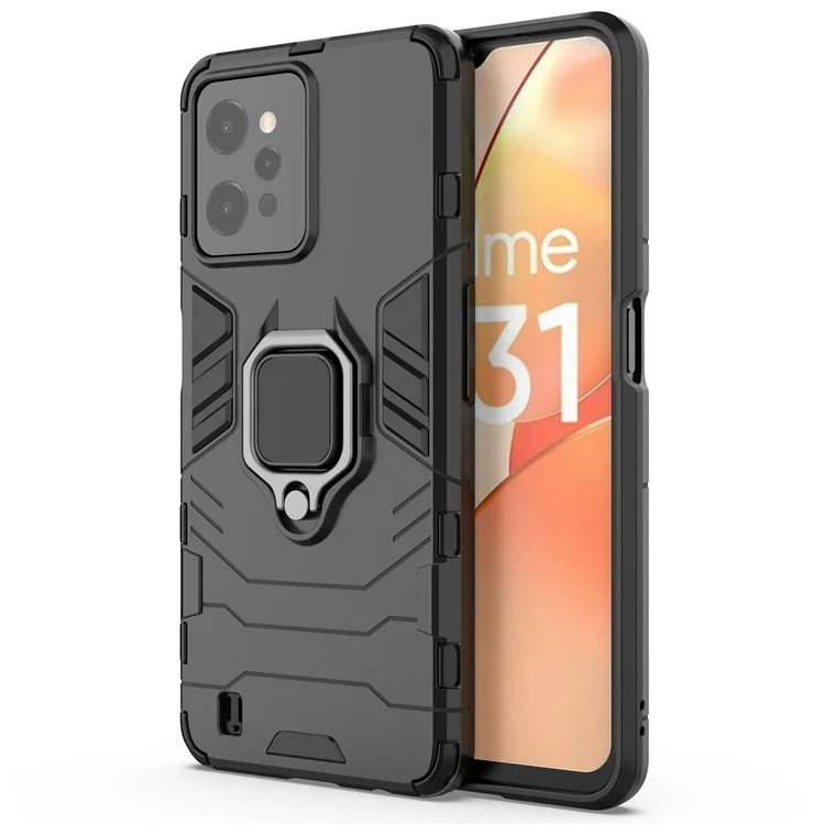 Für Realme C31 Ring Holder Grip Kickstand Case Soft TPU Hard PC Anti-Rutsch Stoßfeste Schutzhülle - Schwarz