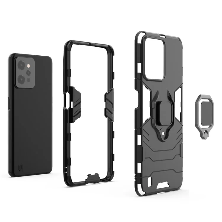 Für Realme C31 Ring Holder Grip Kickstand Case Soft TPU Hard PC Anti-Rutsch Stoßfeste Schutzhülle - Schwarz
