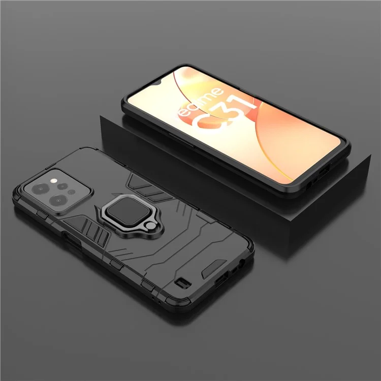 Für Realme C31 Ring Holder Grip Kickstand Case Soft TPU Hard PC Anti-Rutsch Stoßfeste Schutzhülle - Schwarz