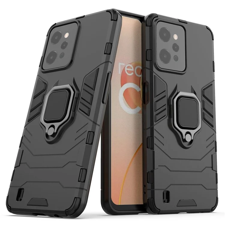 Für Realme C31 Ring Holder Grip Kickstand Case Soft TPU Hard PC Anti-Rutsch Stoßfeste Schutzhülle - Schwarz