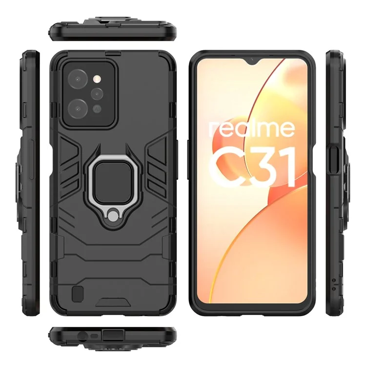 Für Realme C31 Ring Holder Grip Kickstand Case Soft TPU Hard PC Anti-Rutsch Stoßfeste Schutzhülle - Schwarz
