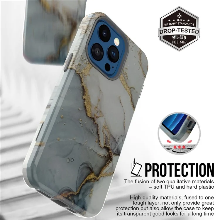 GW03 Hard PC + Soft TPU Hybrid Case Для Iphone 14 Pro, Противоязочный Стильный Шаблон IMD Cope Shell - 10029 Мраморная Схема