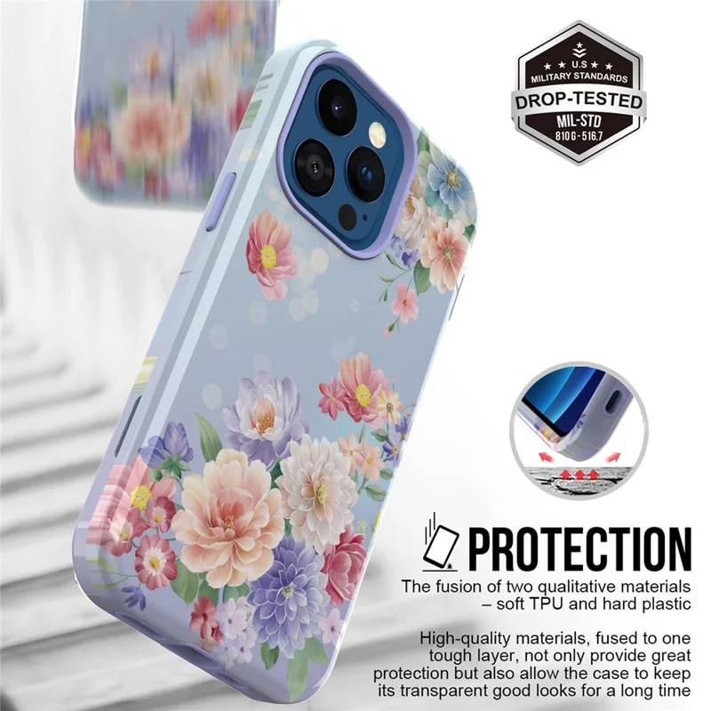 GW03 Hard PC + Soft TPU Hybrid Case for iPhone 14 Pro, Anti-scratch Stylish Pattern IMD Phone Cover Shell - 10046 Flower Pattern