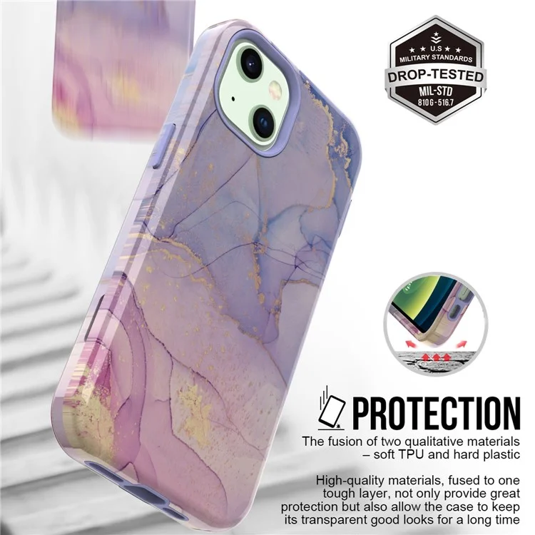 GW03 Soft TPU + Hard PC Back Cover Для Iphone 14 Plus, Стильный Шаблон с Мобильным Телефоном с Мобильным Телефоном IMD - 10027 Мраморный Рисунок