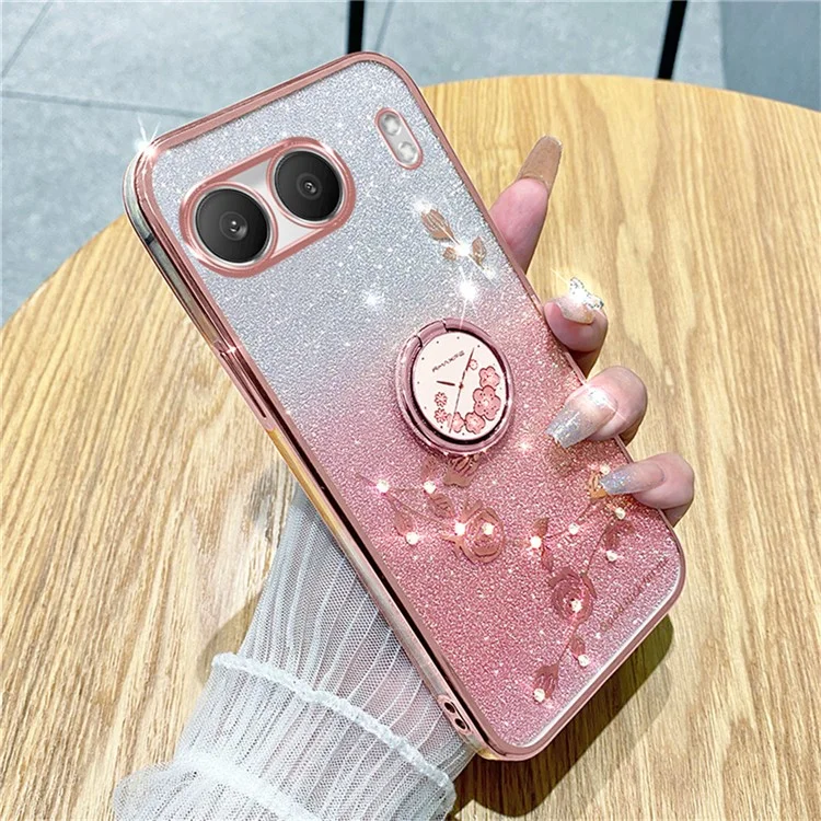 KADEM Custodia per OnePlus Nord 4 con anello portachiavi, supporto girevole, cover in TPU con fiori e glitter, colore: oro rosa