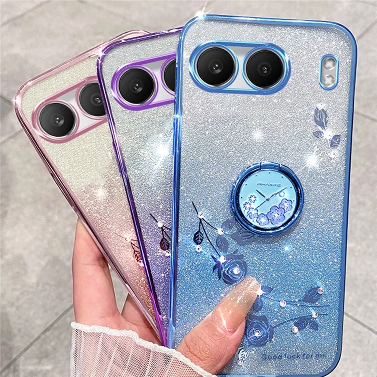 KADEM Custodia per OnePlus Nord 4 con anello portachiavi, supporto girevole, cover in TPU con fiori e glitter, colore: oro rosa