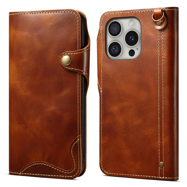 Für iPhone 16 Pro Case Waxy Genuine Cow Leather Phone Wallet Shockproof Cover - Braun