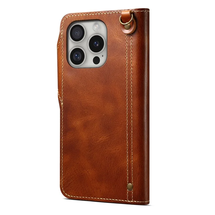 Für iPhone 16 Pro Case Waxy Genuine Cow Leather Phone Wallet Shockproof Cover - Braun