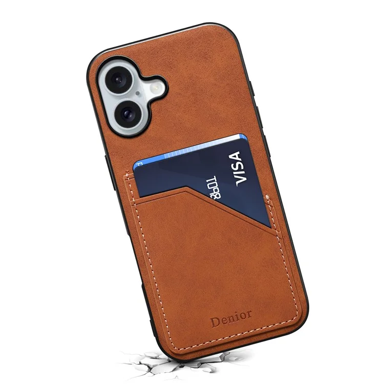DENIOR For iPhone 16 Case Dual Card Slots PU Leather+TPU+PC Phone Cover - Brown