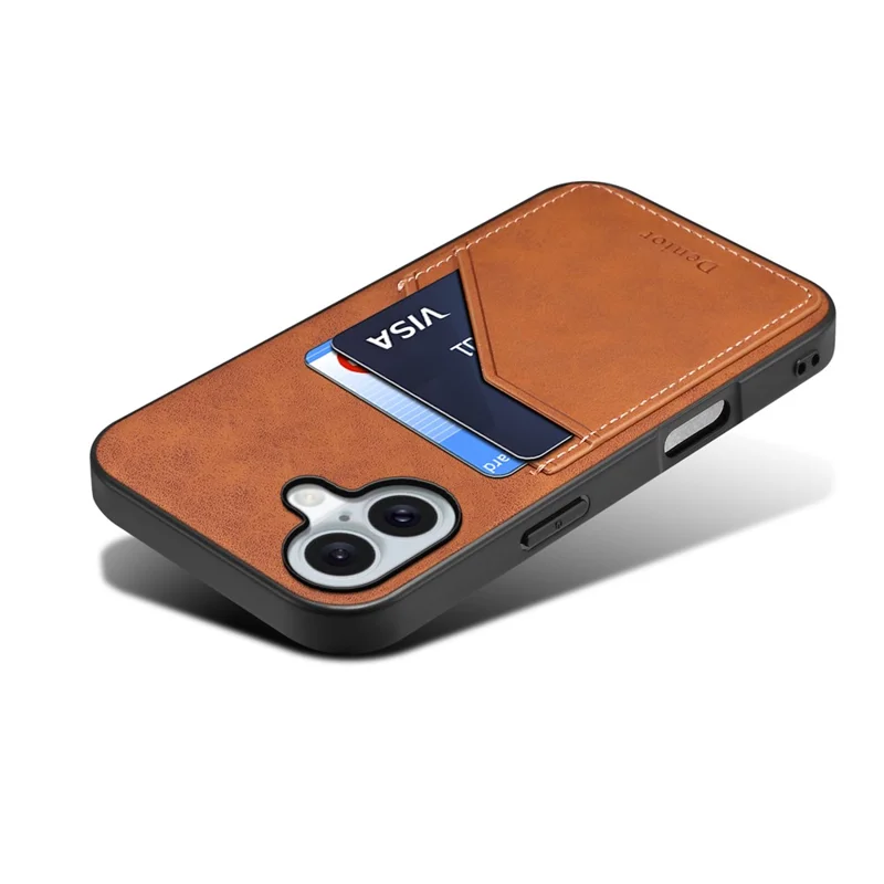 DENIOR For iPhone 16 Case Dual Card Slots PU Leather+TPU+PC Phone Cover - Brown