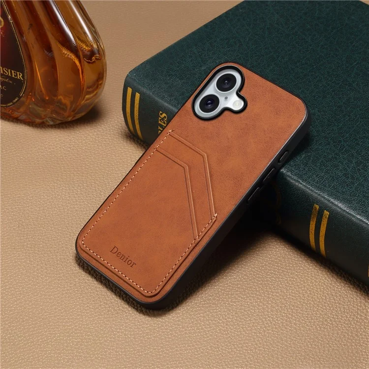 DENIOR For iPhone 16 Case Dual Card Slots PU Leather+TPU+PC Phone Cover - Brown