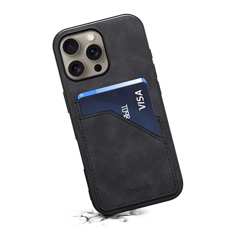 Denior Para Iphone 16 Pro Case Dual Card Slots PU Couro+tpu+tampa do Telefone pc - Preto