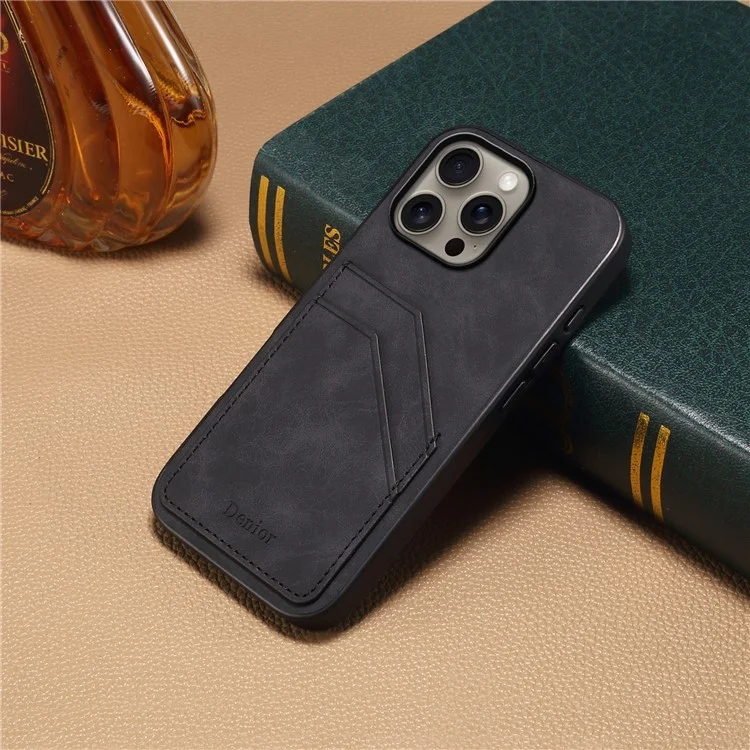Denior Para Iphone 16 Pro Case Dual Card Slots PU Couro+tpu+tampa do Telefone pc - Preto