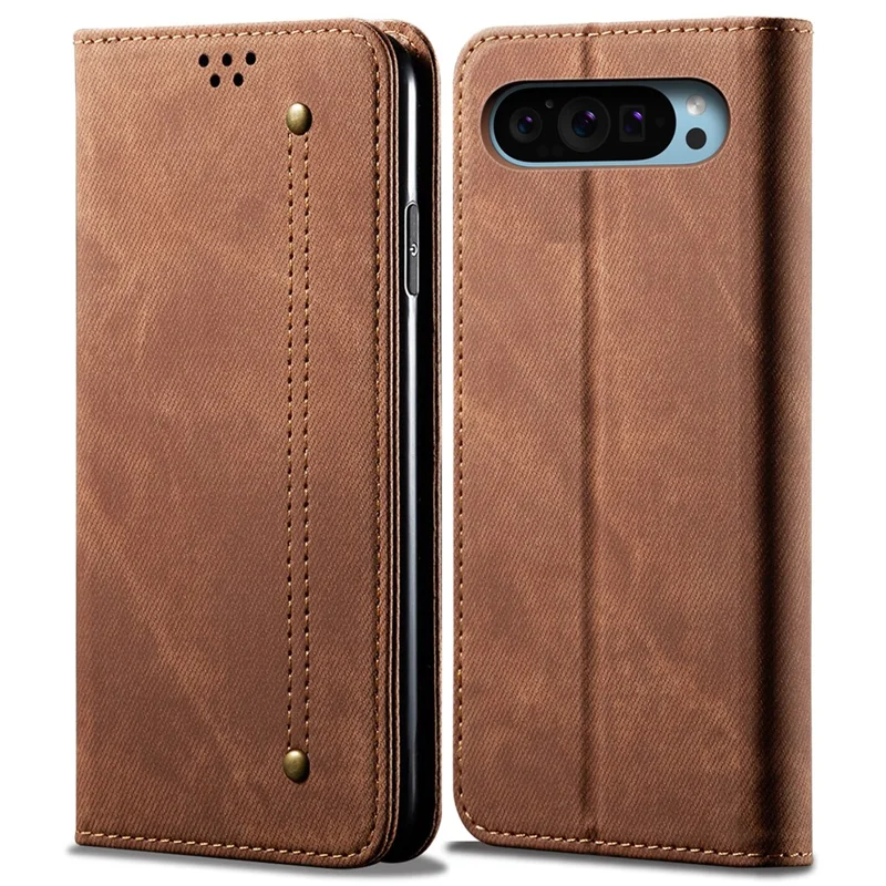 For Google Pixel 9 Pro  /  Pixel 9 Case Jeans Cloth Texture Anti-Scratch Leather Stand Phone Cover - Brown