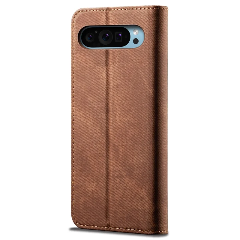 For Google Pixel 9 Pro  /  Pixel 9 Case Jeans Cloth Texture Anti-Scratch Leather Stand Phone Cover - Brown