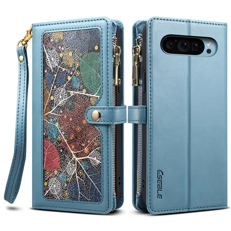 Серия Eseble Galaxy Для Google Pixel 9 Pro / Pixel 9 Case Leather -zipper Phone Cope Blocking Blocking - Синий