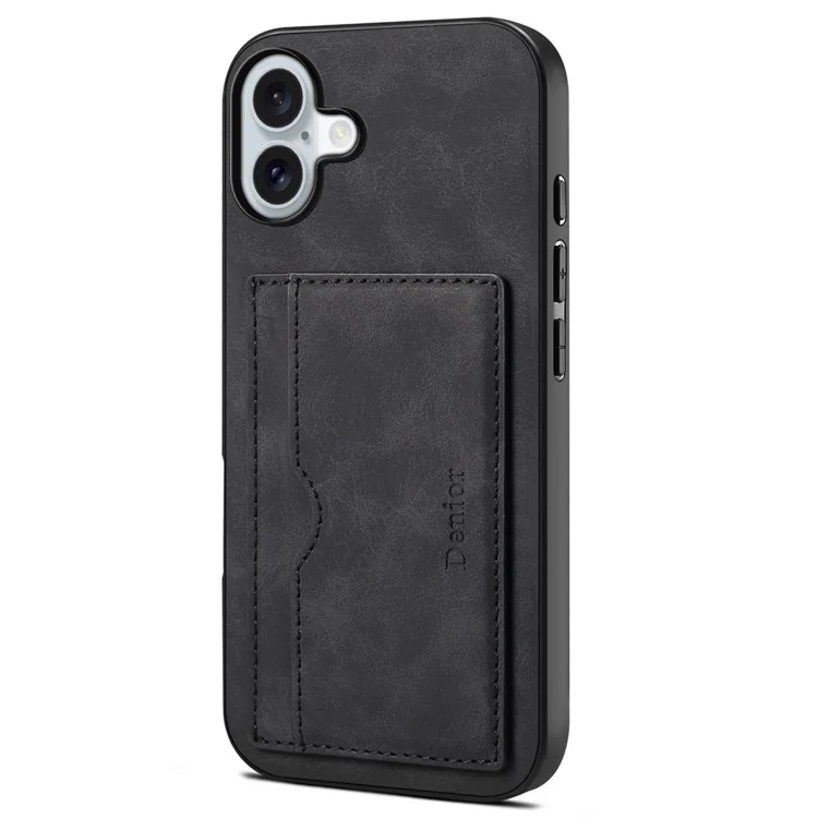 Denior Para Iphone 16 Plus Casol Holder Kickstand Retro Leather+PC+TPU Tampa do Telefone - Preto
