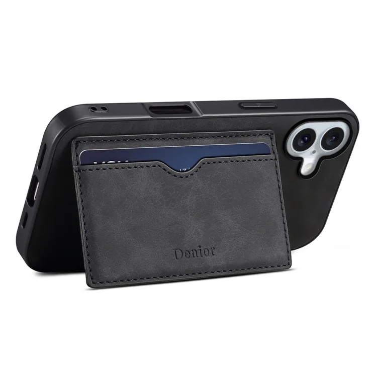Denior Para Iphone 16 Plus Casol Holder Kickstand Retro Leather+PC+TPU Tampa do Telefone - Preto
