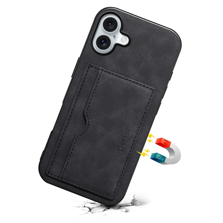 Denior Para Iphone 16 Plus Casol Holder Kickstand Retro Leather+PC+TPU Tampa do Telefone - Preto