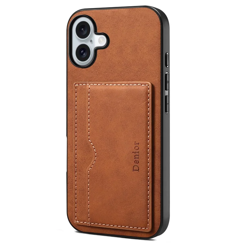 DENIOR For iPhone 16 Plus Case Card Holder Kickstand Retro Leather+PC+TPU Phone Cover - Brown