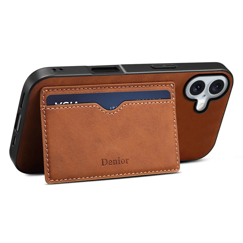 DENIOR For iPhone 16 Plus Case Card Holder Kickstand Retro Leather+PC+TPU Phone Cover - Brown