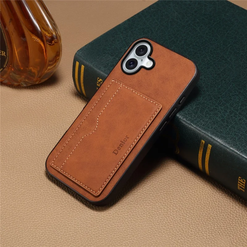 DENIOR For iPhone 16 Plus Case Card Holder Kickstand Retro Leather+PC+TPU Phone Cover - Brown