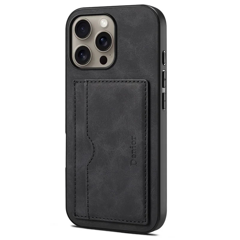 DENIOR For iPhone 16 Pro Max Case Card Holder Kickstand Retro Leather+PC+TPU Phone Cover - Black
