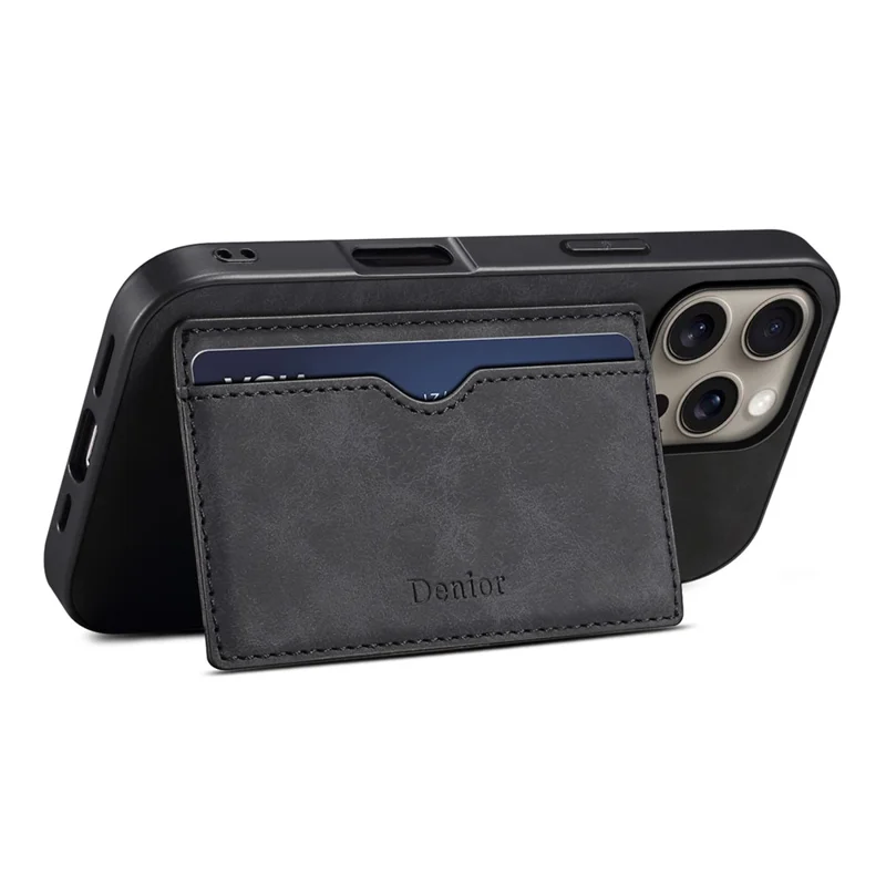 DENIOR For iPhone 16 Pro Max Case Card Holder Kickstand Retro Leather+PC+TPU Phone Cover - Black