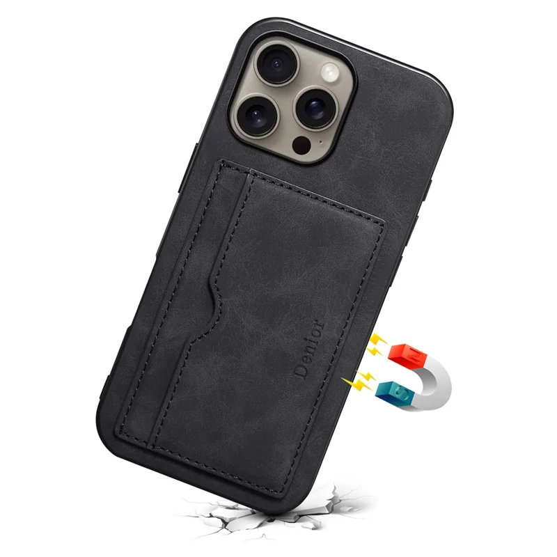 DENIOR For iPhone 16 Pro Max Case Card Holder Kickstand Retro Leather+PC+TPU Phone Cover - Black