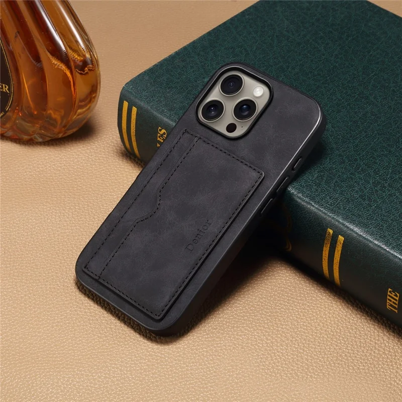 DENIOR For iPhone 16 Pro Max Case Card Holder Kickstand Retro Leather+PC+TPU Phone Cover - Black