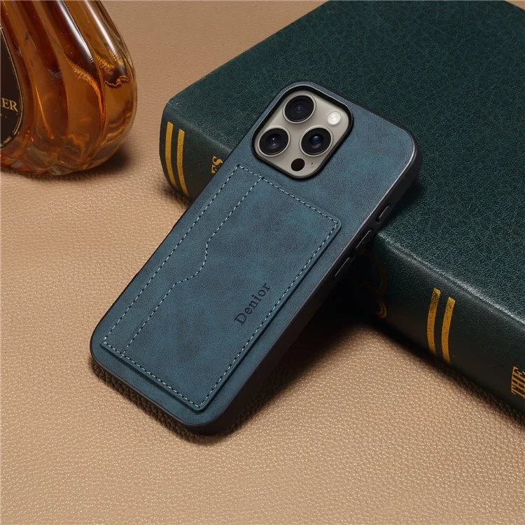 Denior Para Iphone 16 Pro Case Suptor de Tarjetas Kickstand Retro Leather+PC+TPU Teléfono - Azul