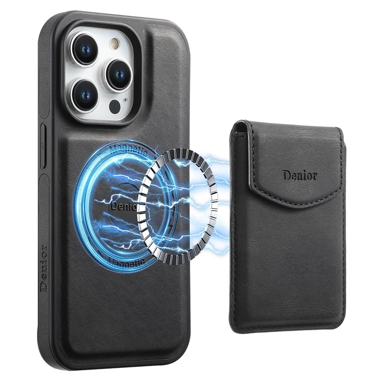 Denior D19 Für Iphone 15 Pro Max Magnetic Case Leder+pc+tpu -abdeckung Mit Abnehmbarer Kartenbeutel - Schwarz
