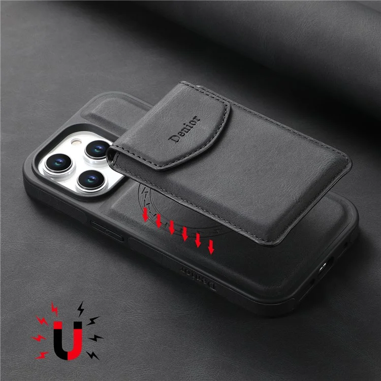 Denior D19 Für Iphone 15 Pro Max Magnetic Case Leder+pc+tpu -abdeckung Mit Abnehmbarer Kartenbeutel - Schwarz