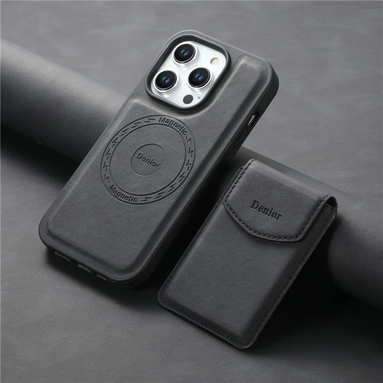 Denior D19 Für Iphone 15 Pro Max Magnetic Case Leder+pc+tpu -abdeckung Mit Abnehmbarer Kartenbeutel - Schwarz