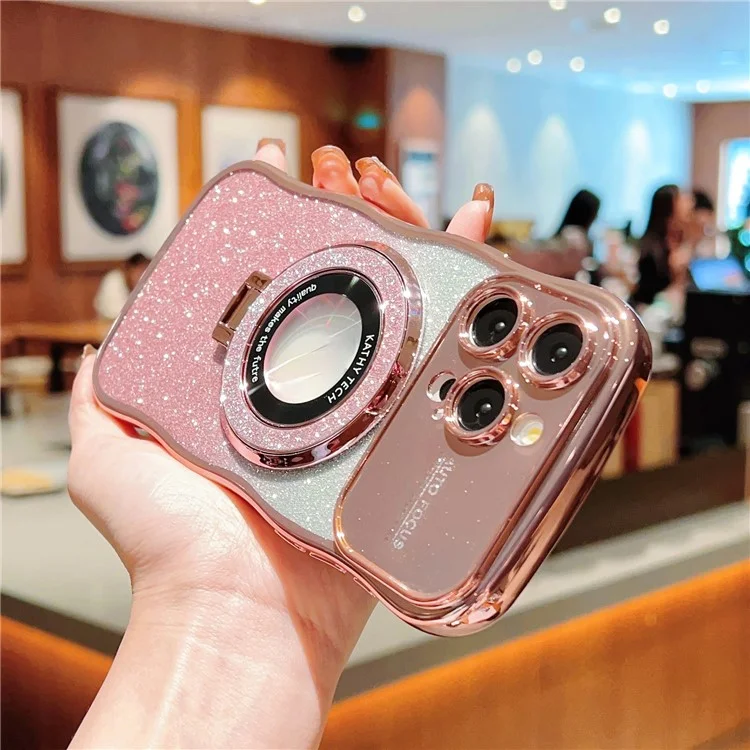 Pour Iphone 16 Pro Magretic Case Curly Frame TPU Glitter du Téléphone Couverture Avec Kickstand - Rose Rose