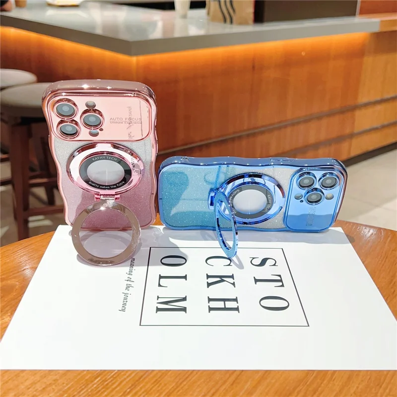 For iPhone 16 Pro Magnetic Case Curly Frame TPU Gradient Glitter Phone Cover with Kickstand - Blue
