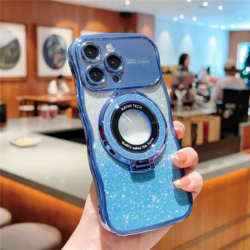 For iPhone 16 Pro Magnetic Case Curly Frame TPU Gradient Glitter Phone Cover with Kickstand - Blue
