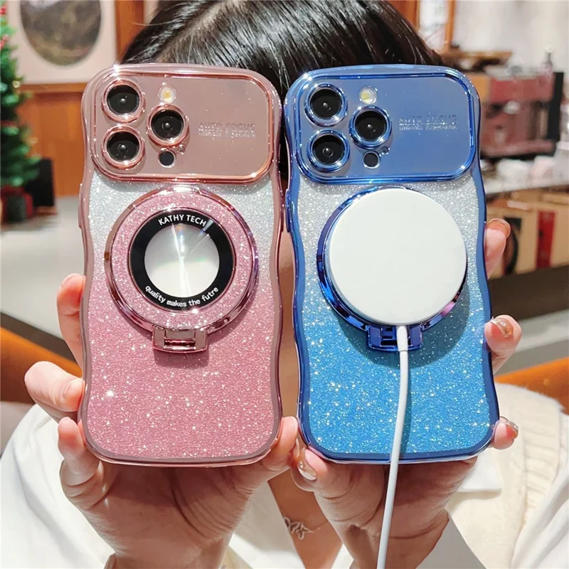 For iPhone 16 Pro Magnetic Case Curly Frame TPU Gradient Glitter Phone Cover with Kickstand - Blue