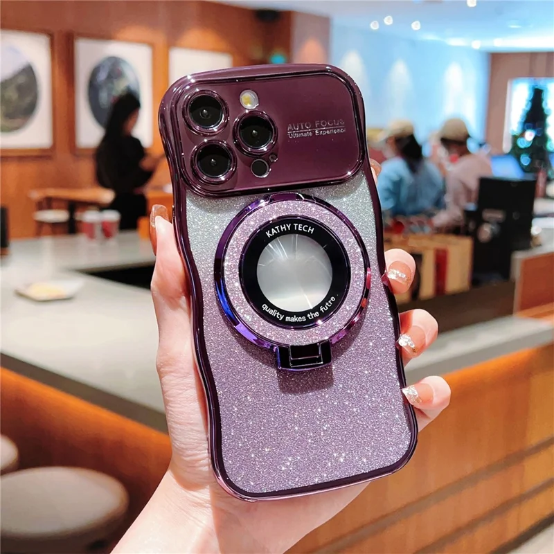 For iPhone 16 Pro Magnetic Case Curly Frame TPU Gradient Glitter Phone Cover with Kickstand - Dark Purple