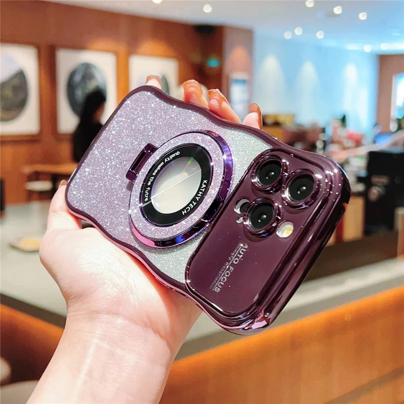 For iPhone 16 Pro Magnetic Case Curly Frame TPU Gradient Glitter Phone Cover with Kickstand - Dark Purple
