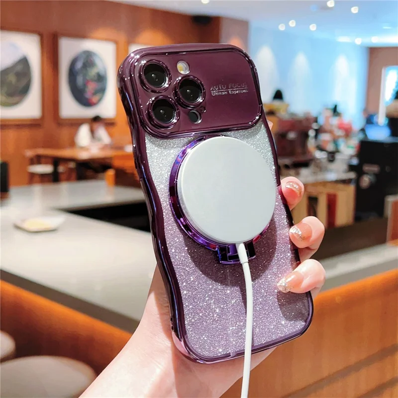 For iPhone 16 Pro Magnetic Case Curly Frame TPU Gradient Glitter Phone Cover with Kickstand - Dark Purple