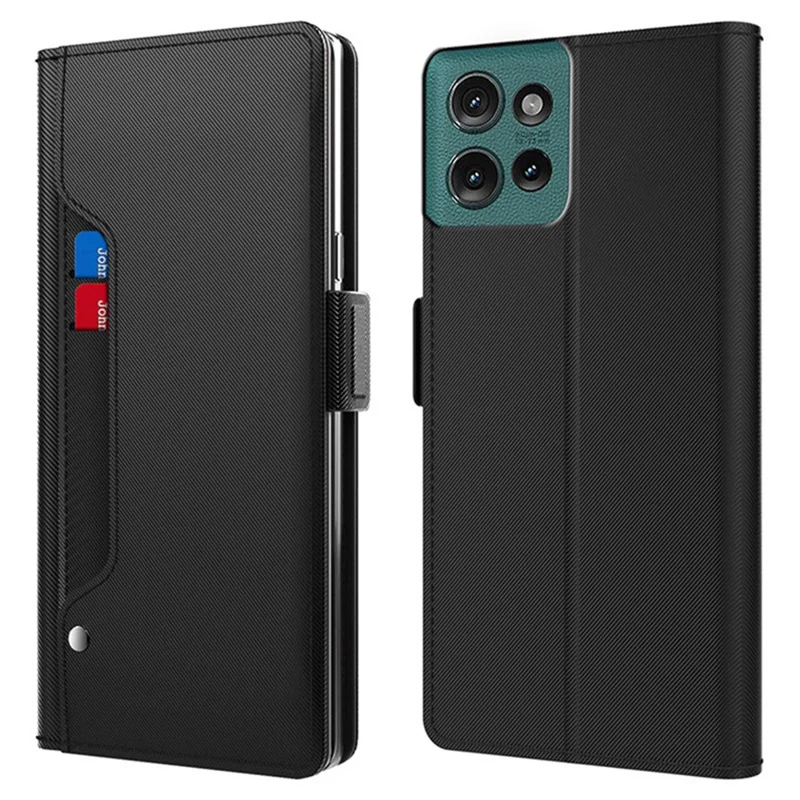 Für Motorola Edge 50 5G Case Stand PU Leder Handyhülle Kartenfach Spiegel - Schwarz