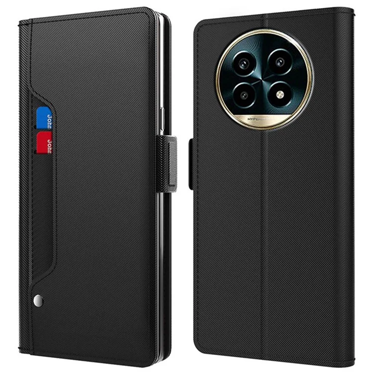 For Realme 13 Pro 5G (Global) / 13 Pro+ 5G (Global) Case Stand PU Leather Phone Cover Card Holder Mirror - Black